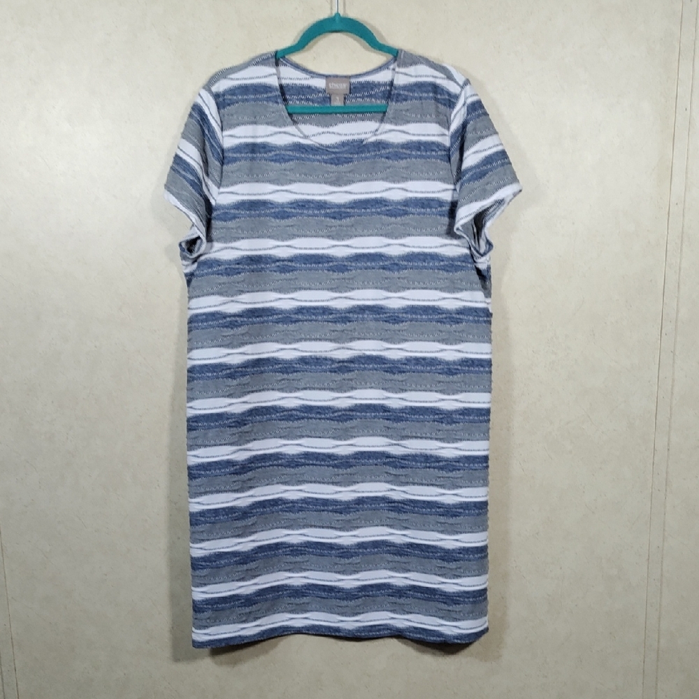 G129 Chico's blue, gray & white S/S pleated wavy print knit dress 3 XL